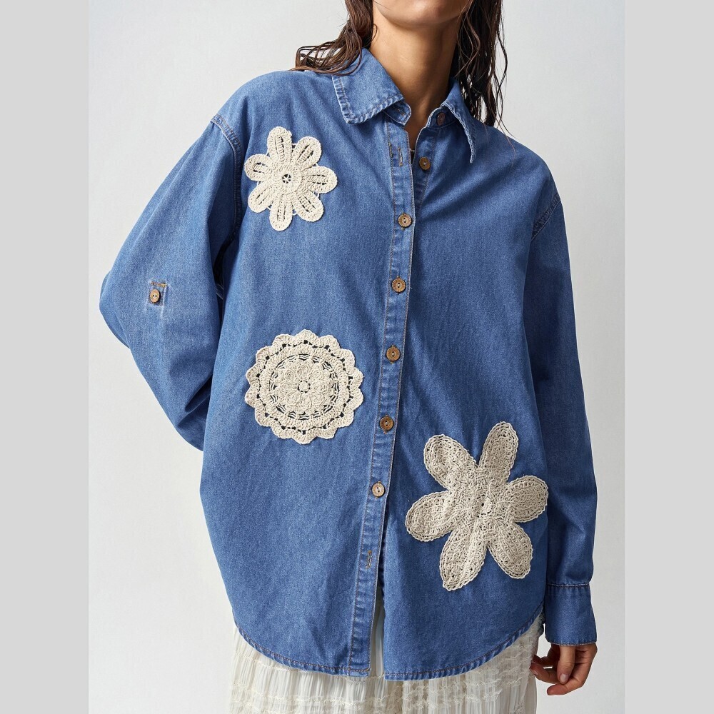 Blue Denim Crochet Flower Applique Oversized Button-Up Shirt